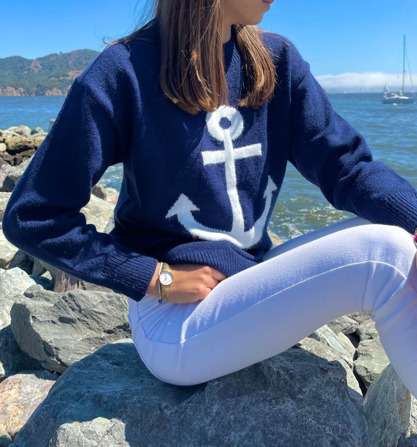 navy blue crewneck anchor sweater